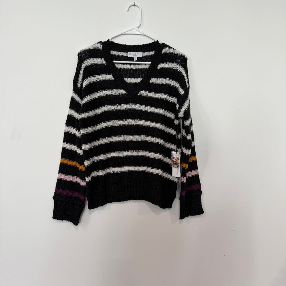 Michael Stars Black & White Striped V-Neck Sweater with Colorful Sleeve Bands